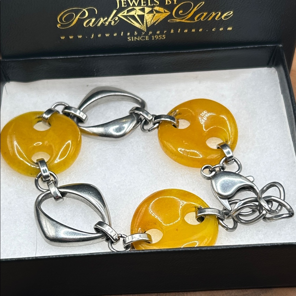 Jewels by Park Lane Yellow Agate Stainless Steel Silver Bracelet Brazil w/Box